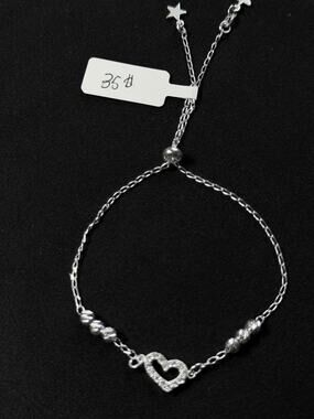 Silver Tone Adjustable Bolo Bracelet Clear Rhinestone Heart Textured Beads Star